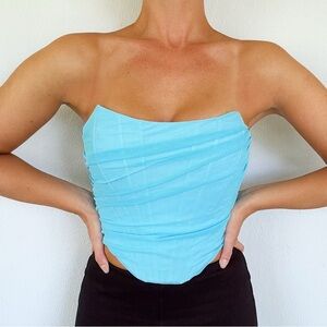 Baby blue draped sheer mesh strapless zip back bustier corset crop top size XS